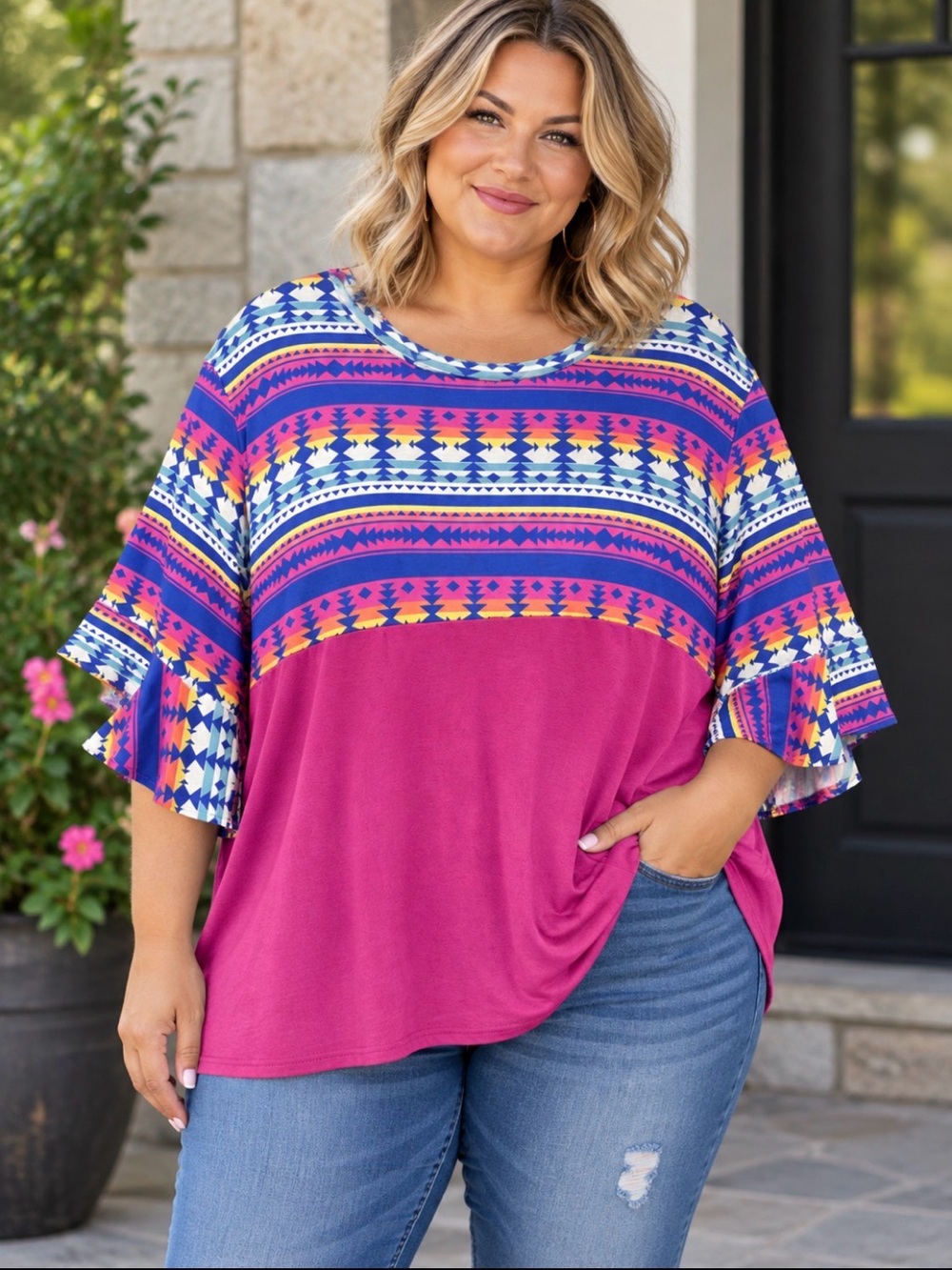 Southern Stitch Magenta Aztec-Print Ruffle Sleeve Blouse